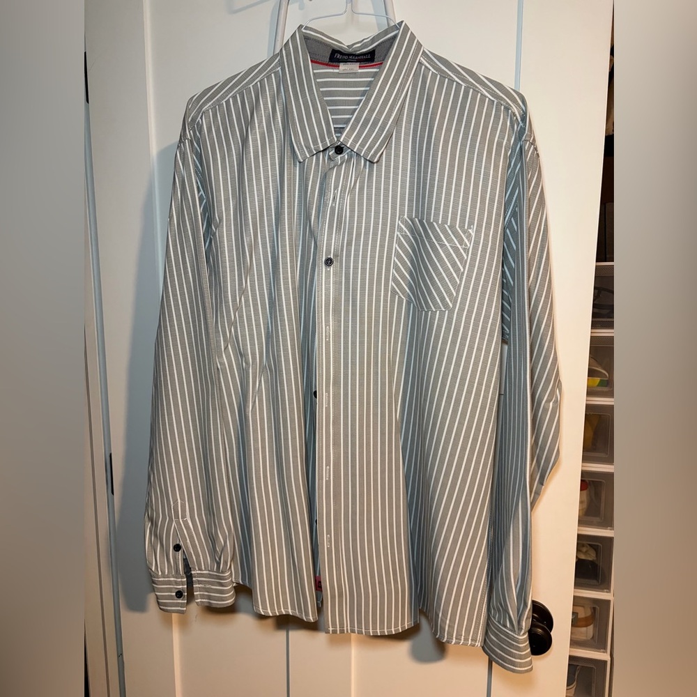 Fredd Marshall Mens XXL Grey White Striped Long Sleeve Cotton Button Down‎ Shirt